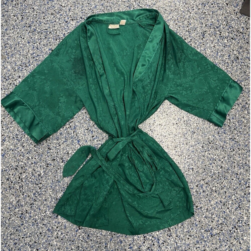 Vintage 90s Victoria's Secret Satin Kimono Womens Robe OS Green Jacquard Paisley